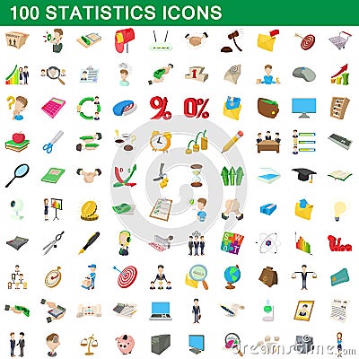 100 statistics icons set, cartoon style Vector Illustration