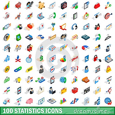 100 statistics icons set, isometric 3d style Vector Illustration