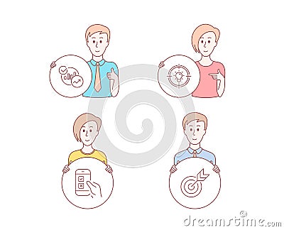 Statistics, Idea and Mobile survey icons. Target sign. Report charts, Solution, Phone quiz test. Targeting. Vector Vector Illustration