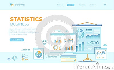 Statistics Presentation. Monitoring and analysis statistical data. Graphs, charts, diagrams, infographics, screens, documents. Vector Illustration
