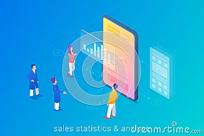 Statistics report and Analyse of Sales Online. People working in Mobile Phone Smartphone Isometric Flat vector illustration Vector Illustration