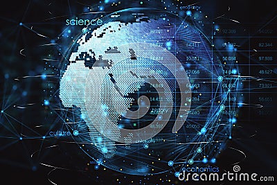 Stats data and global network concept with front view on glowing digital world map globe surrounded by indicators and social life Stock Photo
