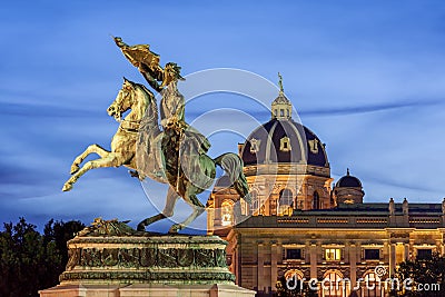 Statue of Archduke Charles and Museum of Natural History dome at sunset, Vienna, Austria Stock Photo