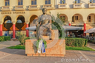 Thessaloniki, Greece Aristotle statue with deposit wreath by students at Aristotelous square. Editorial Stock Photo
