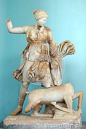 Statue of Artemis killing a deer, Delos island, Mykonos Editorial Stock Photo