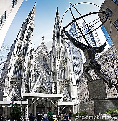 Statue of Atlas and St Patrick Chruch Editorial Stock Photo