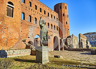 Statue of Augustus Caesar at Porta Palatina Gate. Piazza Cesare Augusto square. Turin, Piedmont, Italy Stock Photo