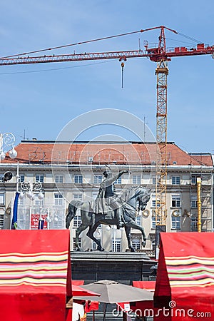 Statue of ban Jelacic seen from profile on Trg Bana Jelacica in the afternoon Ban Jelacic square is main square of downtown Zagreb Editorial Stock Photo