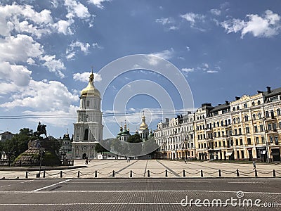 Statue of Bohdan Khmelnytsky and St. Sophia`s Cathedral Editorial Stock Photo