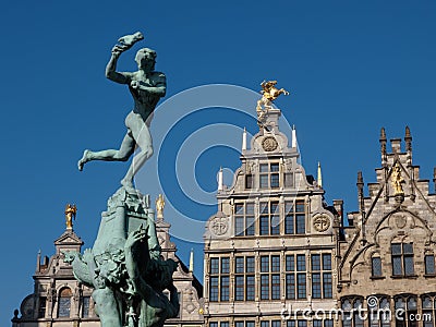 Statue of Brabo At The Market Square In Antwerpen Stock Photo