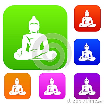 Statue of Buddha sitting in lotus pose set collection Vector Illustration