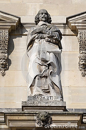 Statue of Cardinal Mazarin on facade of the Louvre palace on the northern side of Cour Napoleon, Louvre, Paris Editorial Stock Photo
