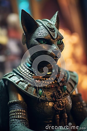 A statue of a cat-like ancient egyptian goddess Bastet sitting on top of a table. Generative AI image. Stock Photo