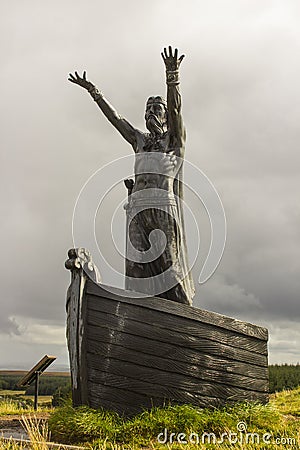 The statue of the Celtic Sea God ManannÃ¡n Mac Lir at the Gortmore View Point on Binvenagh Mountain in Northern Irela Stock Photo
