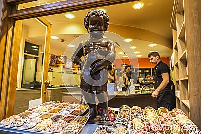 Statue of chocolate of Manneken pis in Brussels, Belgium Editorial Stock Photo