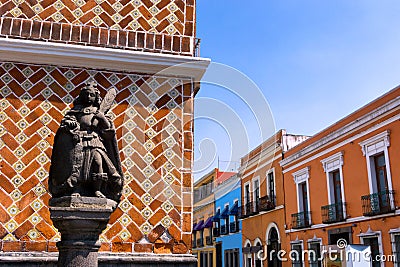 Statue with Colonial Houses in Puebla Editorial Stock Photo