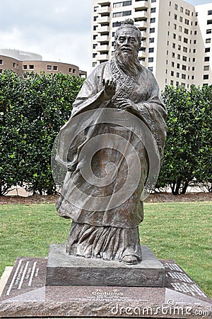 Statue of Confucius at McGovern Centennial Gardens at Hermann Park in Houston, Texas Editorial Stock Photo