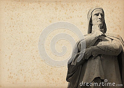 Statue of Dante on Yellowed Paper Stock Photo