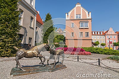 A statue dedicated to the goats that saved the city of Poznan from fire, outside old town, Poznan Poland. Editorial Stock Photo