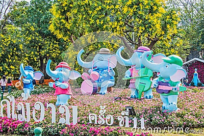 Statue elephant at Chiangrai ASEAN Flowers Festival. Editorial Stock Photo