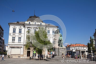 Statue of France Preseren, or Presernov Spomenik on Presernov trg square in Ljubljana. Editorial Stock Photo