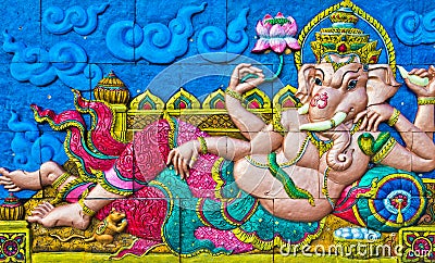Statue of Ganesh on the wall. Stock Photo
