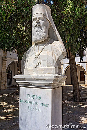 Statue of Gavriil, the Metropolitan Bishop of Tinos island in Cyclades, Greece Editorial Stock Photo
