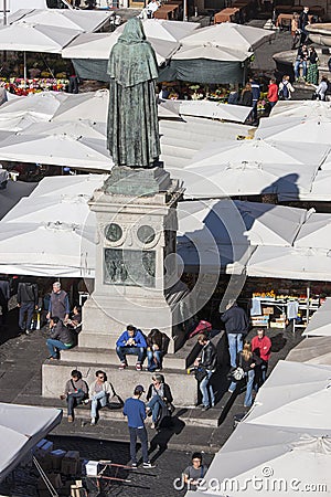 Statue of Giordano Bruno and open market in Rome - Campo de Fiori Editorial Stock Photo