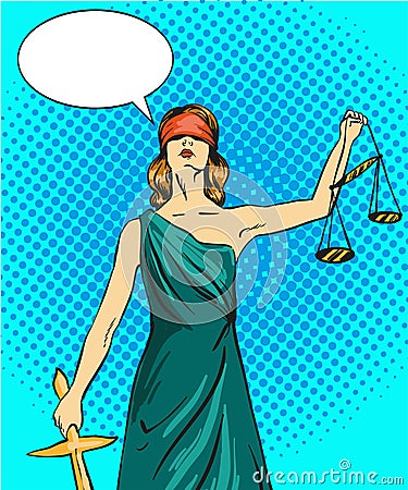 Statue god of justice Themis. Femida with balance and sword. Vector illustration in pop art comic retro style. Law legal Vector Illustration