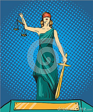 Statue god of justice Themis. Femida with balance and sword. Vector illustration in pop art comic retro style. Law legal Vector Illustration