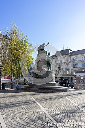 Statue of a greatest Slovenian poet Presern on Presern square in Ljubljana Editorial Stock Photo