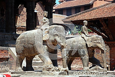 Statue of guarding elephants in Bhaktapur Durbar Square Stock Photo