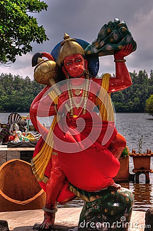 Statue of Hindu God Hanuman in Shiv Mandir on Mauritius Editorial Stock Photo