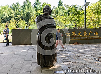 Statue of Honore de Balzac at World Literary Giant Square in Luxun Park Editorial Stock Photo