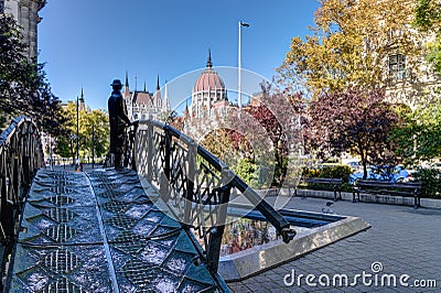 Statue of Imre Nagy, facing the Parliament. Editorial Stock Photo