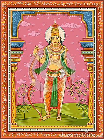 Statue of Indian Lord Rama with vintage floral frame background Vector Illustration