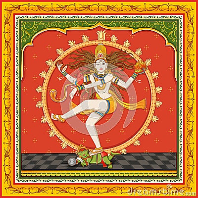 Statue of Indian Lord Shiva Nataraja with vintage floral frame background Vector Illustration