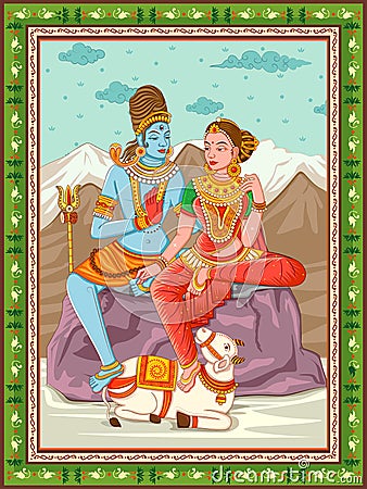 Statue of Indian Lord Shiva Parvati with vintage floral frame background Vector Illustration