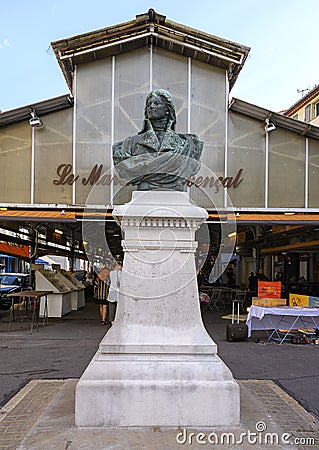Statue of Jean-Etienne Championnet at Le Marche Provencal in the town of Antibes on the French Riviera Editorial Stock Photo