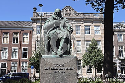 Statue of Johan van Oldenbarnevelt on the long pond mountain in The Hague, statesman who was murdered by beheading in the Editorial Stock Photo