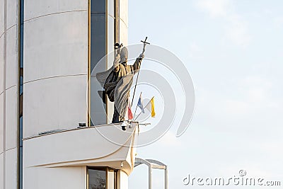 Statue of John Paul II, Poland, Krakow, Lagiewniki Sanctuary of Divine Mercy architectural detail. Pope John Paul the Second Editorial Stock Photo