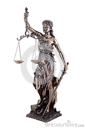 Statue of justice, Themis mythological Greek goddess, isolated Stock Photo