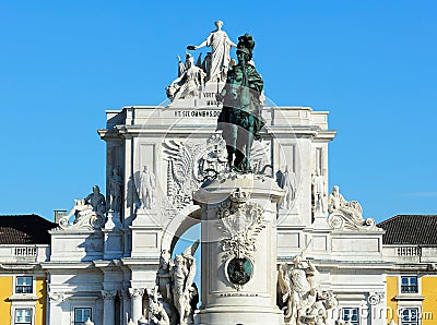 Statue of King D. Jose I and the Arch of Triumph of Rua Augusta, Lisbon, Portugal Stock Photo