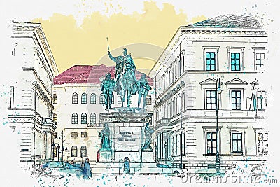 Statue of King Ludwig. Munich Cartoon Illustration