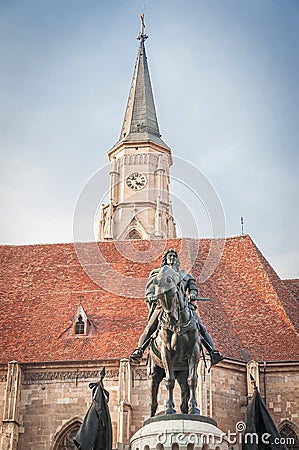 Statue of King Mathias in front of the church of Saint Michael Stock Photo