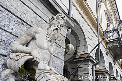 Statue of King Neptune, God of freshwater and the sea in Roman religion - Piazza Emile Chanoux, Aosta, Italy Editorial Stock Photo