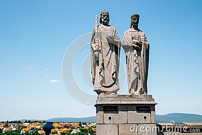 Statue of King Stephen I. and Queen Gisela on Castle Hill in Veszprem, Hungary Editorial Stock Photo