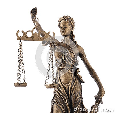 Statue of Lady Justice isolated on white. Symbol of fair treatment under law Stock Photo