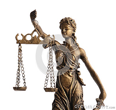 Statue of Lady Justice isolated on white. Symbol of fair treatment under law Stock Photo