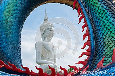 Statue of Large white Buddha In the middle cycle space of Dragon scales Stock Photo